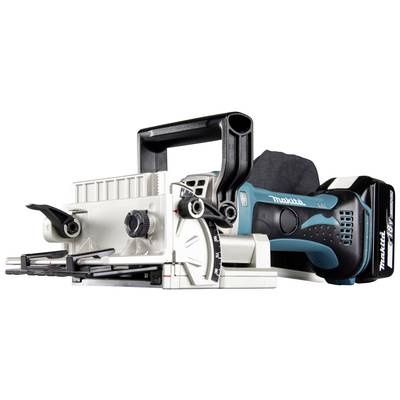 Défonceuse-combinée sans fil Makita avec boîtier, poignée et échelle de réglage en noir et bleu. Utilisée pour l'usinage précis du bois.