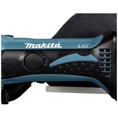 Un meuleuse d'angle sans fil de la marque Makita avec un boîtier bleu, un dispositif de protection latéral et une poignée ergonomique.