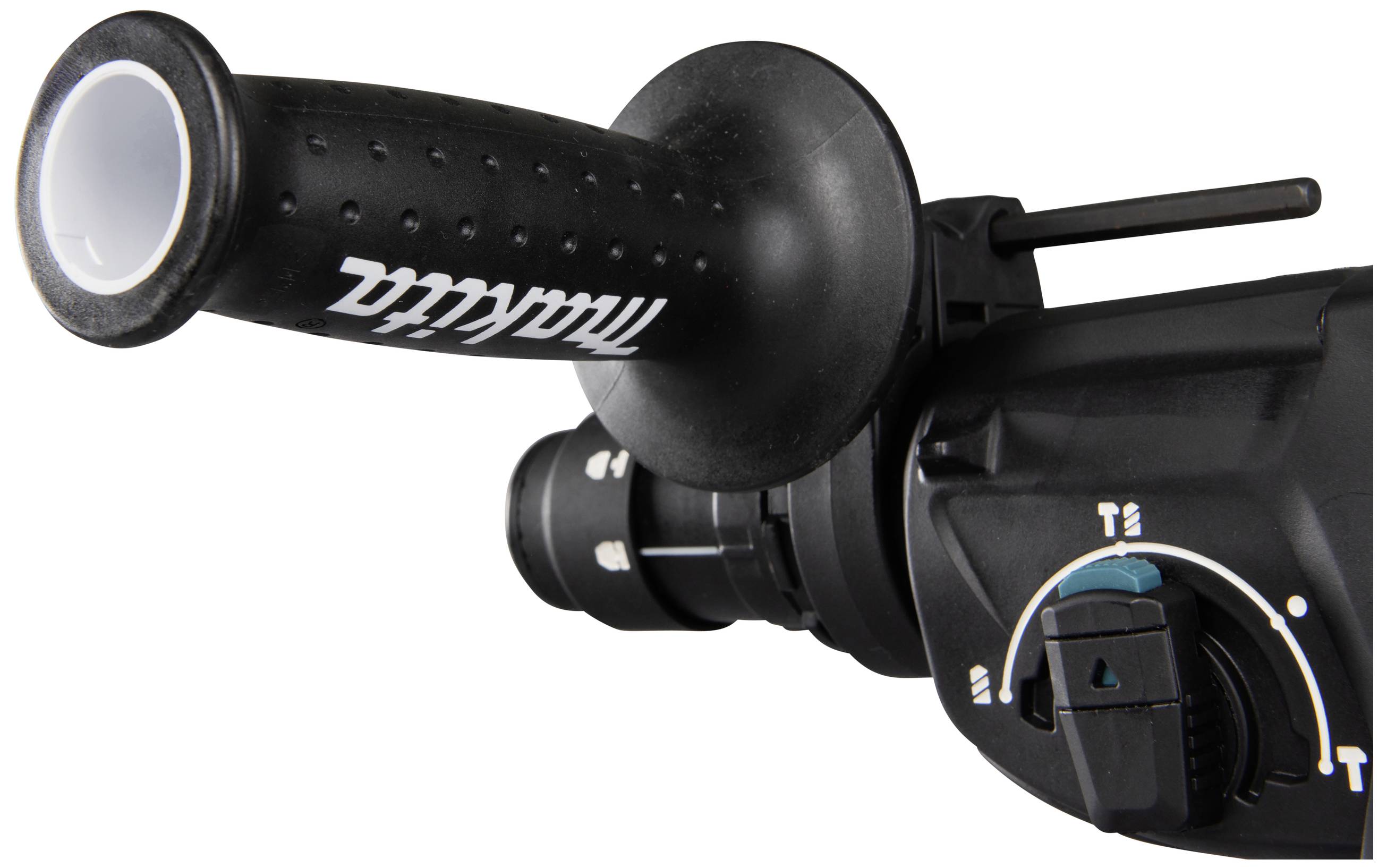 Une poignée de perceuse avec le logo Makita, une structure de poignée pour une meilleure prise en main, montrant les options de réglage et l'indicateur de sens de rotation.