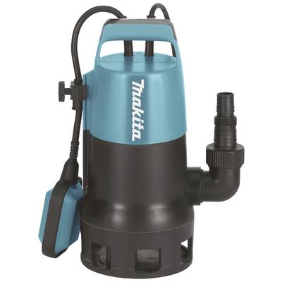 Pompe de puisage en bleu et noir avec poignée, adaptée pour pomper l'eau dans les caves ou les jardins, avec interrupteur à flotteur.