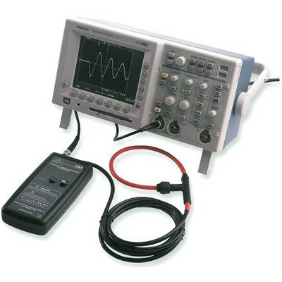 Oscilloscope avec un motif d'onde sinusoïdale affiché sur l'écran, connecté à un capteur de sonde par un câble.
