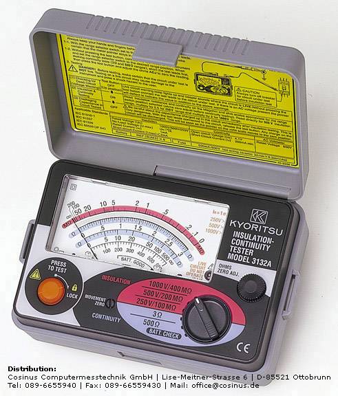 Un appareil de test d'isolation à plage de mesure analogique et à plusieurs réglages de tension. Comprend des boutons de commande et une touche de test.