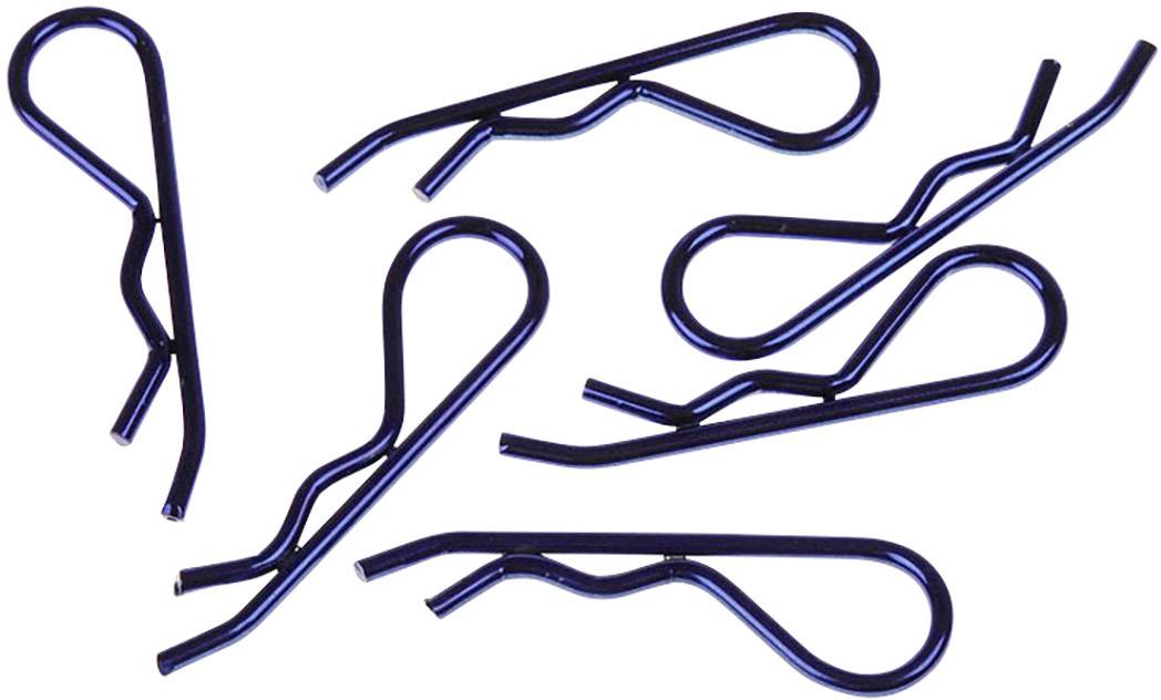Six chevilles bleues dans différentes positions sur un fond blanc. Les chevilles sont en métal et ont une forme en R.