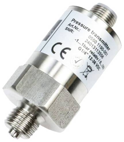 Transmetteur de pression métallique avec raccords filetés et étiquette indiquant la plage de pression et les spécifications électriques.