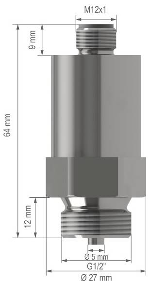 Dessin technique d'un raccord métallique cylindrique avec filetage M12x1 en haut, filetage G1/2 en bas, hauteur totale de 64 mm et diamètre du corps de 27 mm.
