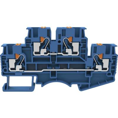 Élément de connexion électrique multipolaire bleu avec des leviers oranges permettant de connecter plusieurs conducteurs électriques.