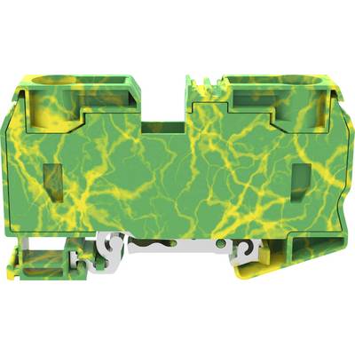 Un élément de connexion électrique vert et jaune avec un motif de foudre, utilisé pour le câblage dans les armoires électriques.