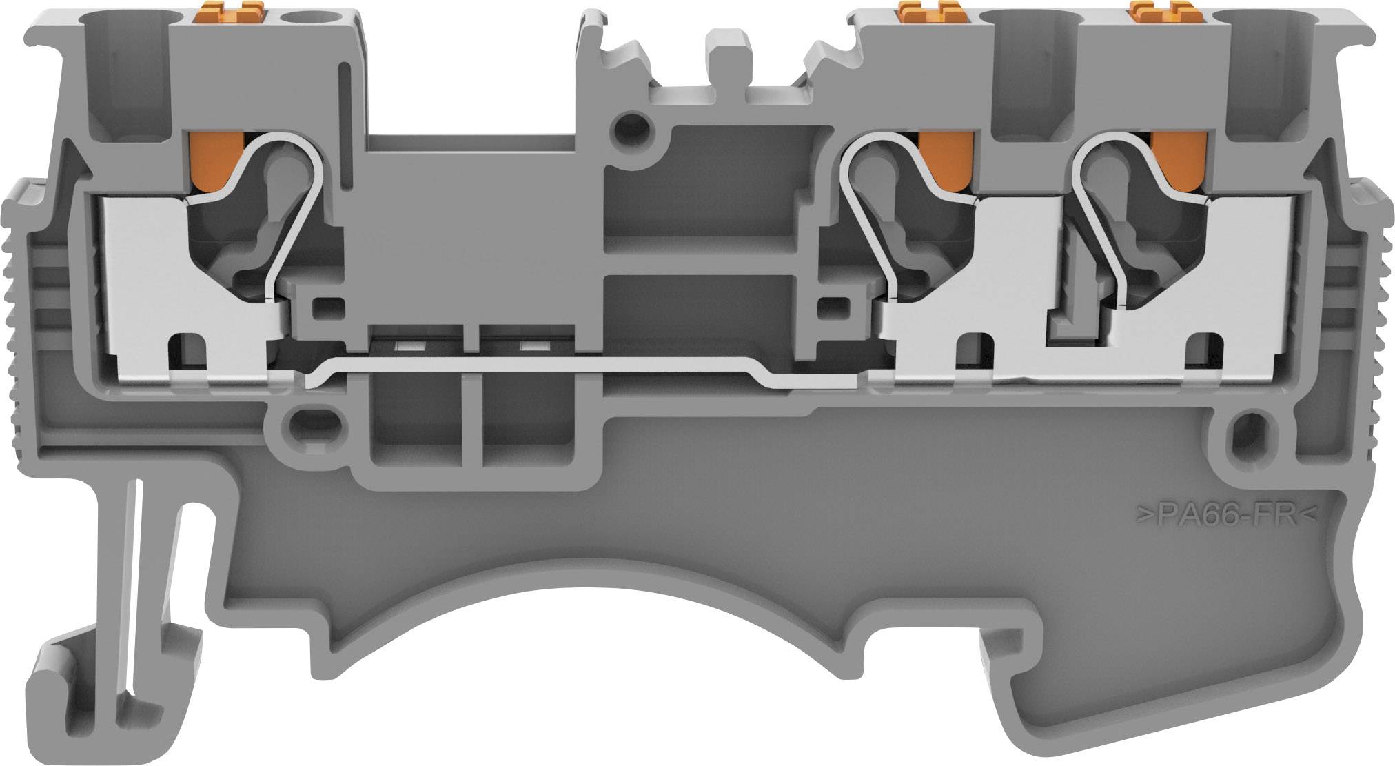 Coupe grise d'un bloc de bornes électrique avec des contacts métalliques et des éléments de commande orange. Idéal pour les câblages.