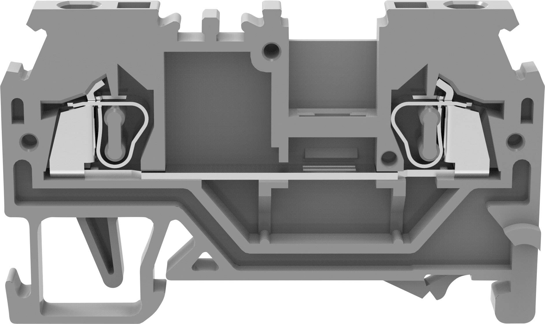 Coupe transversale d'une barrette de connexion grise en plastique avec des contacts et des bornes métalliques pour la connexion électrique.