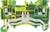 Bloc de bornes multicolore en plastique avec des motifs verts et jaunes, montrant des connexions métalliques internes. Utilisé dans les circuits électriques.