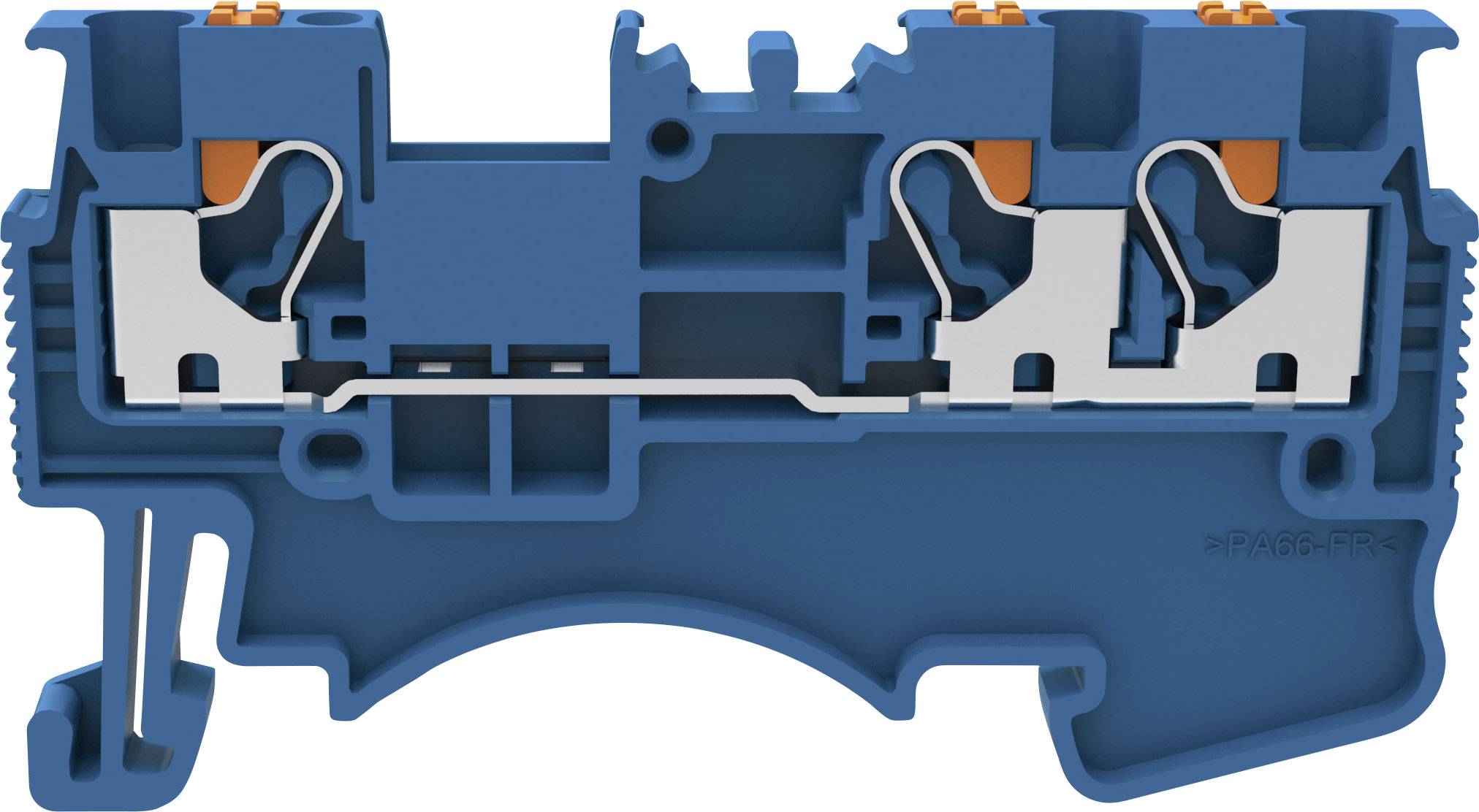 Bloc de bornes en série à deux étages bleu, avec des éléments gris et oranges, montrant la section transversale et la structure mécanique interne.