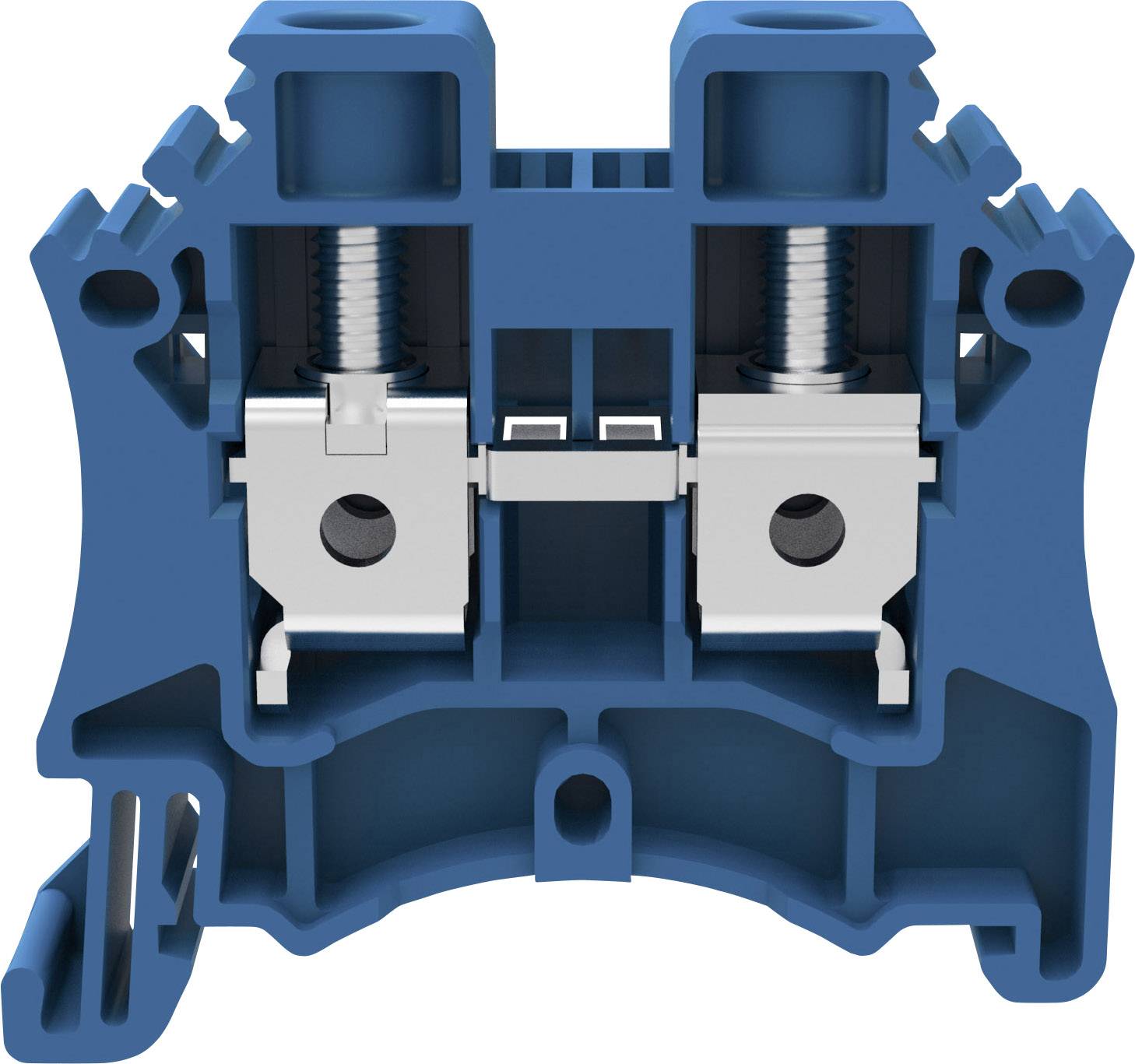 Un connecteur électrique bleu avec deux bornes à vis, adapté aux applications industrielles et aux installations de tableaux électriques.