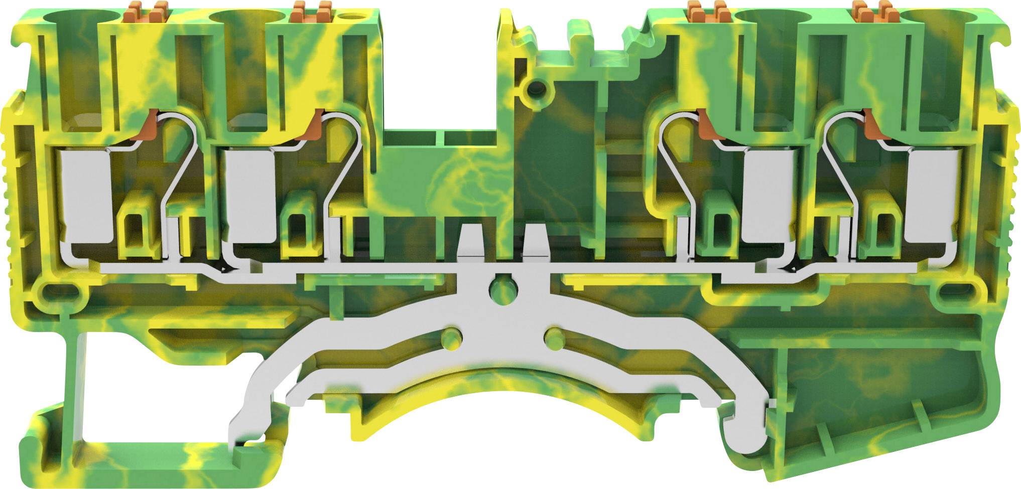 Borne électrique vert et jaune, ouverte pour montrer les connexions métalliques internes et les rails de connexion.