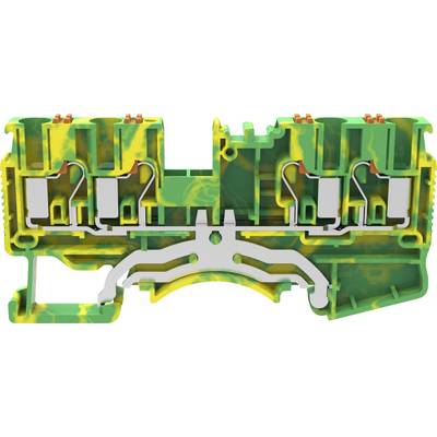 Borne électrique vert et jaune, ouverte pour montrer les connexions métalliques internes et les rails de connexion.