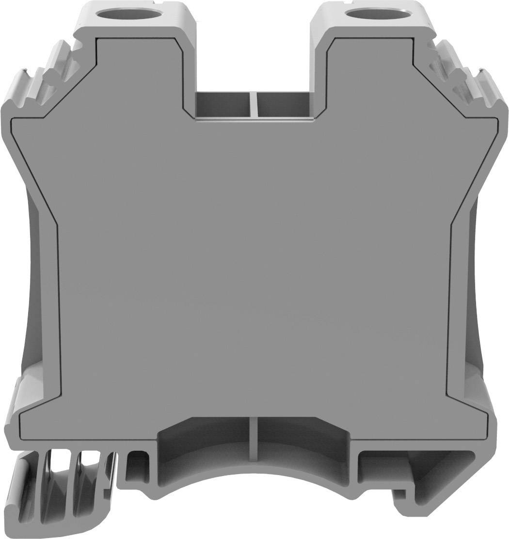 Connecteur technique gris, avec deux ouvertures circulaires en haut, des rainures latérales et un fond plat, destiné aux applications électriques.