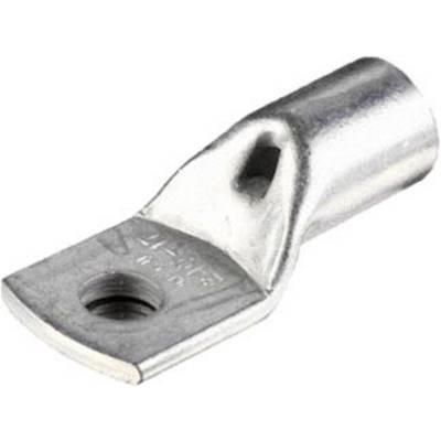 Une pince de câble en métal avec un trou de fixation d'un côté et une partie cylindrique pour la prise du câble de l'autre côté.
