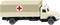 Modèle réduit d'un camion de transport beige avec un symbole de croix rouge sur la bâche, symbolisant un véhicule ambulancier.