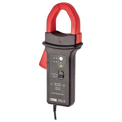 Pince ampèremétrique aux mâchoires rouges et à la poignée noire, utilisée pour mesurer les courants électriques dans les câbles. Nom de marque visible.