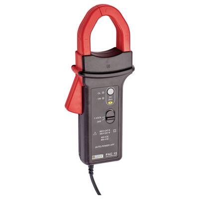 Un ampèremètre à pince rouge et noir pour mesurer les courants électriques, doté de diverses options de réglage et d'un câble.