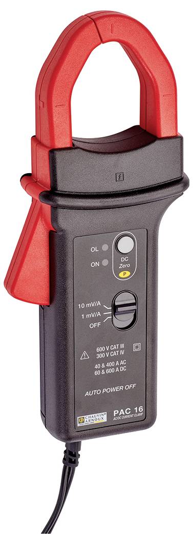 Un multimètre à pince ampèremétrique avec des pointes rouges et un boîtier noir. Il affiche l'inscription 'PAC 16' et possède des boutons de commande.