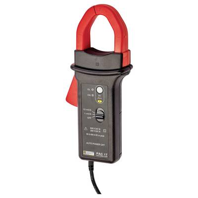 Un multimètre à pince ampèremétrique noir avec des poignées rouges et un câble à sa base, utilisé pour mesurer les courants électriques.