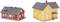 Deux maisons modèles : À gauche, une maison rouge traditionnelle scandinave avec un toit à deux versants ; à droite, une maison jaune avec une annexe et un toit en ardoise.