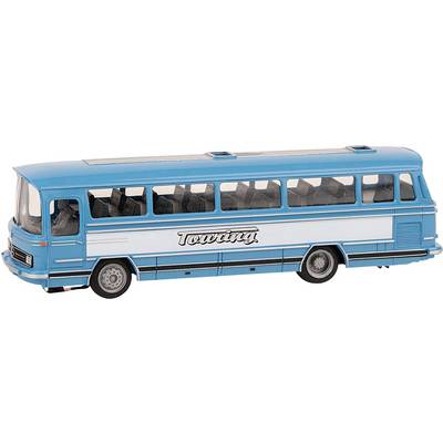Un bus modèle bleu et blanc portant l'inscription 'Touring' sur le côté. Le bus a de grandes fenêtres transparentes et est conçu dans un style rétro.