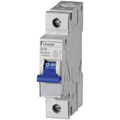 Un disjoncteur différentiel gris de Doepke avec marquage bleu "OFF", modèle B16 DLS6h, adapté pour 230/400V.