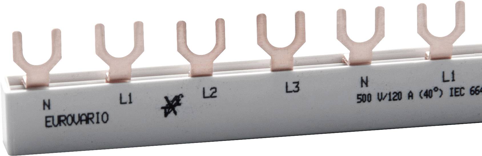 Barre cuivre avec connexions à fourche. Marquages : 'N, L1, L2, L3, N'. Étiquetage : 'EUROWARR10, 500V/120A (40°), IEC 66'.