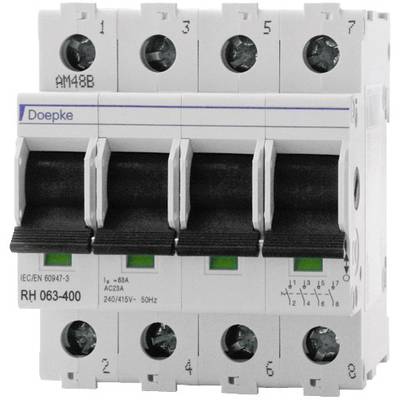 Figure d'un disjoncteur de puissance Doepke à 4 pôles, modèle RH 063-400. Adapté pour 63A, 240/415V, 50Hz, conformément à la norme IEC 60947-3.