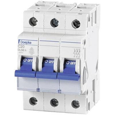 Un interrupteur de protection blanc avec trois leviers bleus en position 'OFF'. Au-dessus se trouve l'inscription 'Doepke C20'.