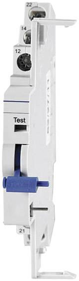 Un disjoncteur de ligne étroit et blanc avec un bouton de test bleu sur le côté.