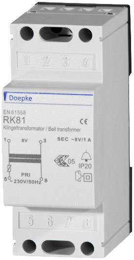 Transformateur de sonnette Doepke RK81. Boîtier avec bornes pour ligne de sonnette et entrée de tension, détails concernant la tension et le type de protection.