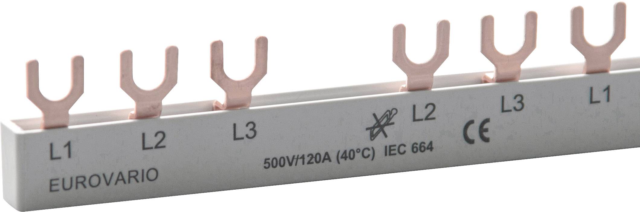 Barre de cuivre avec connexions à fourche, marquée 'L1, L2, L3', adaptée pour 500V/120A conformément à la norme IEC 664.