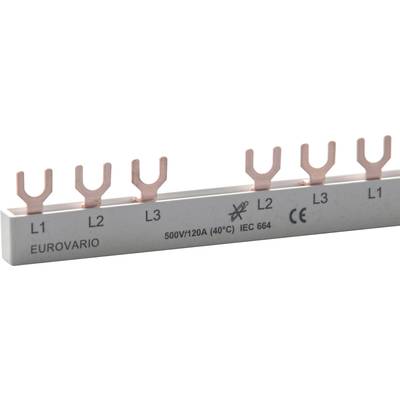 Barre de cuivre avec connexions à fourche, marquée 'L1, L2, L3', adaptée pour 500V/120A conformément à la norme IEC 664.