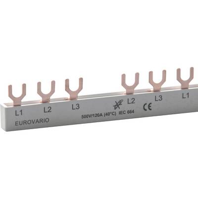 Barrette en cuivre avec cinq bornes à fourche, étiquetée de L1 à L3 et Eurovario. L'étiquette indique '500V/120A (40°C) IEC 664'. Convient pour les installations électriques.