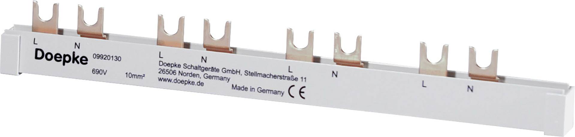 Rail de courant Doepke, 60V, 10mm², pour la connexion des disjoncteurs. Contient plusieurs connexions cuivre marquées 'L' et 'N'.