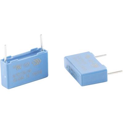 Deux condensateurs bleus avec des bornes argentées, placés côte à côte. L'un est debout, l'autre est couché sur le côté.