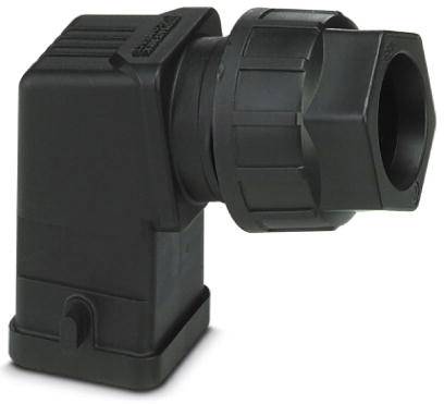 Pièce d'angle noire en plastique, probablement un connecteur électrique ou un adaptateur en forme de L, sans câbles visibles.