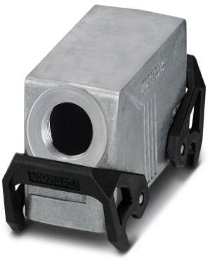 Petit boîtier métallique rectangulaire avec filetage latéral. Fixation au moyen de supports en plastique noir sur les côtés.