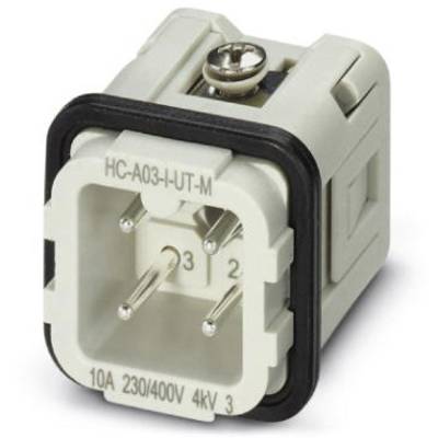 Connecteur électrique blanc avec façade carrée, trois broches de connexion et étiquette 'HC-A03-I-UT-M 10A 230/400V 4kV'.