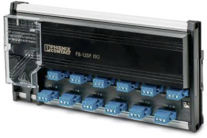 Un module noir portant l'inscription 'PHOENIX CONTACT F8-12SP ISO' avec plusieurs bornes de connexion bleues.