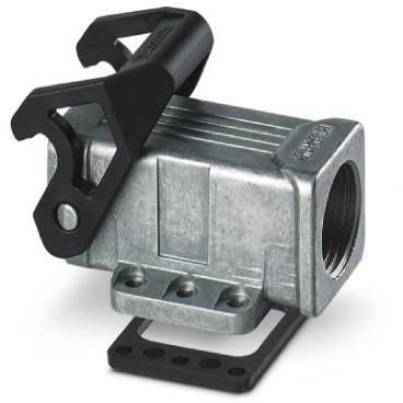 Un raccord rectangulaire en métal avec un levier noir, faisant partie d'un dispositif mécanique, probablement utilisé pour connecter des tuyaux.