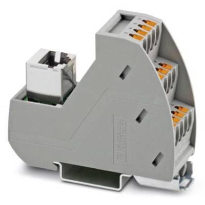 Un adaptateur de rail DIN gris avec connexion RJ45 et quatre bornes oranges pour le montage de connexion électronique.