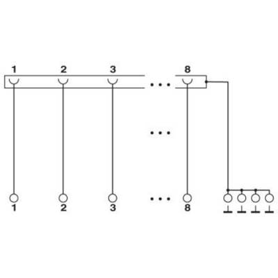 Schéma de circuit : Huit circuits électriques, numérotés de 1 à 8, chacun relié à un interrupteur en haut, représentant des connexions parallèles.