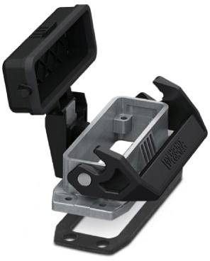 Un composant en plastique noir et argenté qui est ouvert. Il semble servir de couvercle de protection pour des connexions électriques.