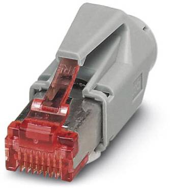 Un connecteur réseau RJ45 gris avec des éléments rouges, adapté aux connexions de câbles Ethernet, est posé sur une surface blanche.