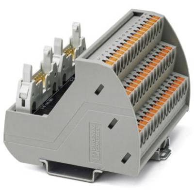 Un bloc de bornes gris avec plusieurs rangées de connexions et des leviers latéraux, prêt pour le câblage électrique et le montage sur un rail DIN.