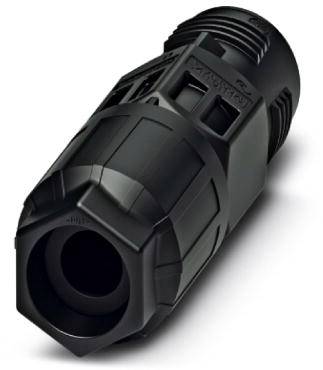 Un connecteur en plastique noir hexagonal avec une surface striée et plusieurs découpes, présenté de côté.