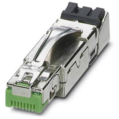 Un connecteur SFP argenté avec un port RJ45 vert et un boîtier noir, utilisé pour les connexions réseau.